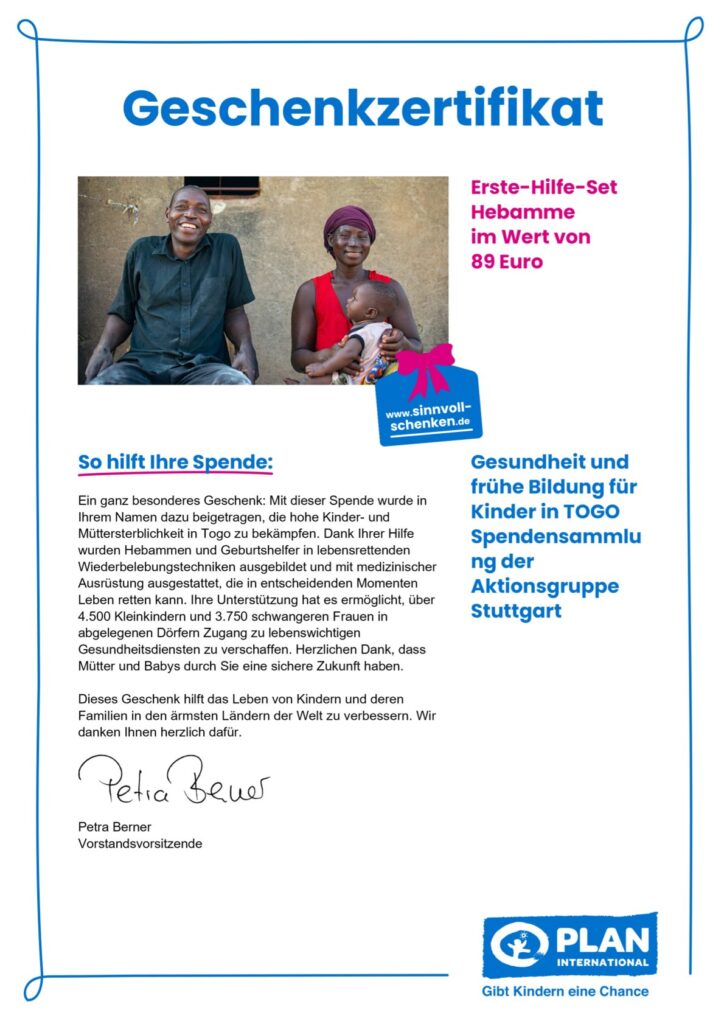 A German-language gift certificate from Plan International titled Geschenzzertifikat with images of two smiling women and a baby. The certificate supports healthcare and education for children in Togo through donations.