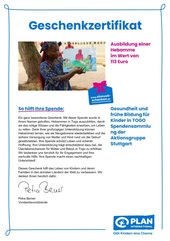 A German-language gift certificate from Plan International for a donation supporting health and education for children in Togo. The design features blue and pink text, a bow illustration, and a handwritten signature at the bottom.